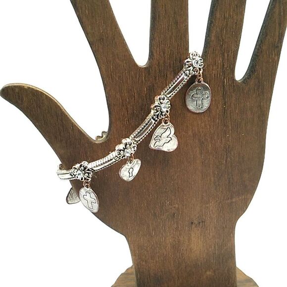 Inspirational Cross, Heart, Fish Stretch Silver-tone Charm Bracelet - Picture 2 of 8